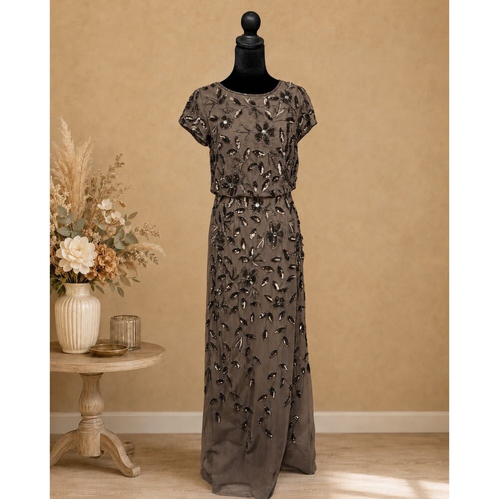 Adrianna Papell Brown Lead Beaded Sequin Floral Evening Gown Size 2 NWT $299 - Picture 3 of 15
